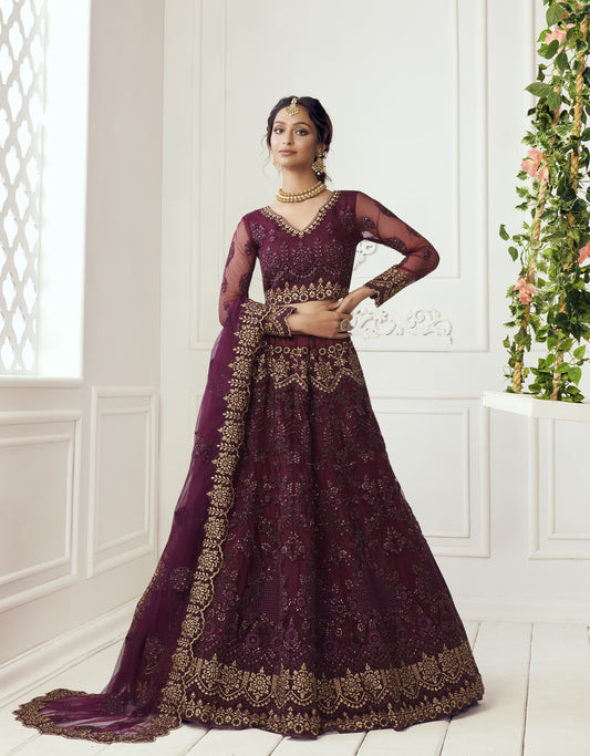 Grape Wine Heavy Embroidered Net Bridal Lehenga