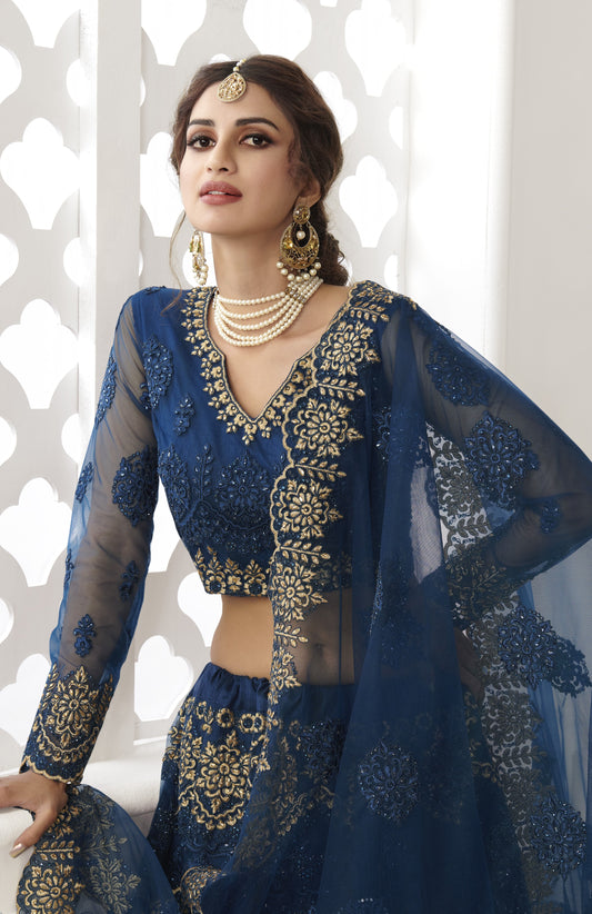 Aegean Blue Heavy Embroidered Net Bridal Lehenga