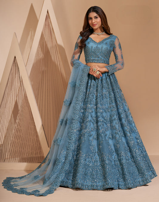 Tuscany Blue Heavy Embroidered Net Lehenga