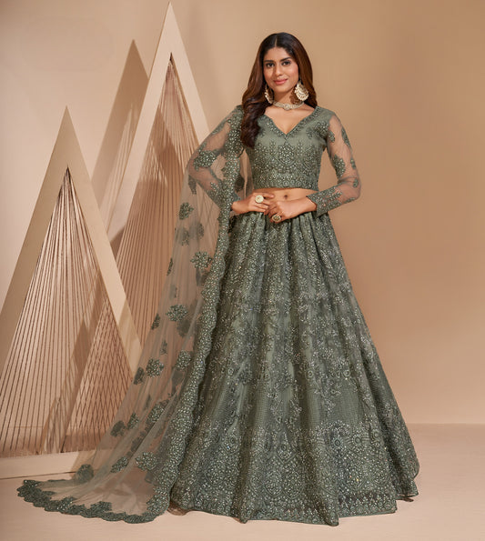 Smoky Green Heavy Embroidered Net Lehenga