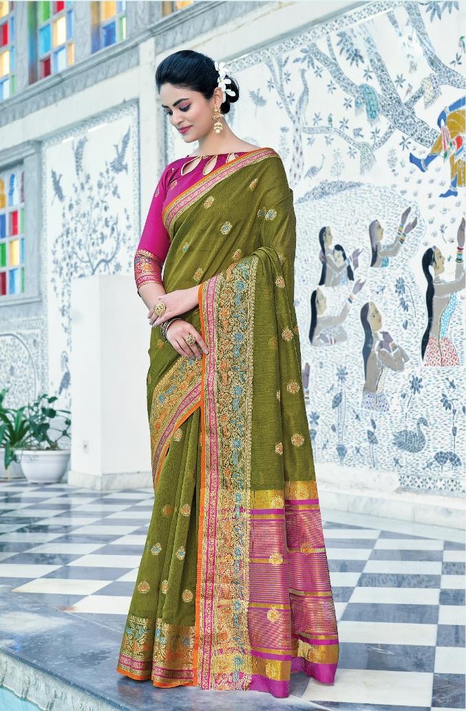 Olive Green Handloom Weaved Cotton Saree