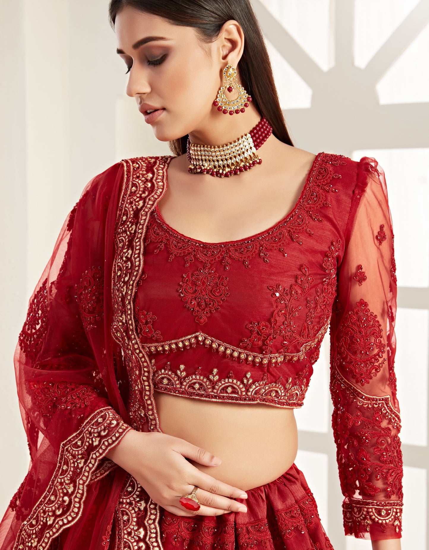 Deep Red Heavy Embroidered Net Bridal Lehenga