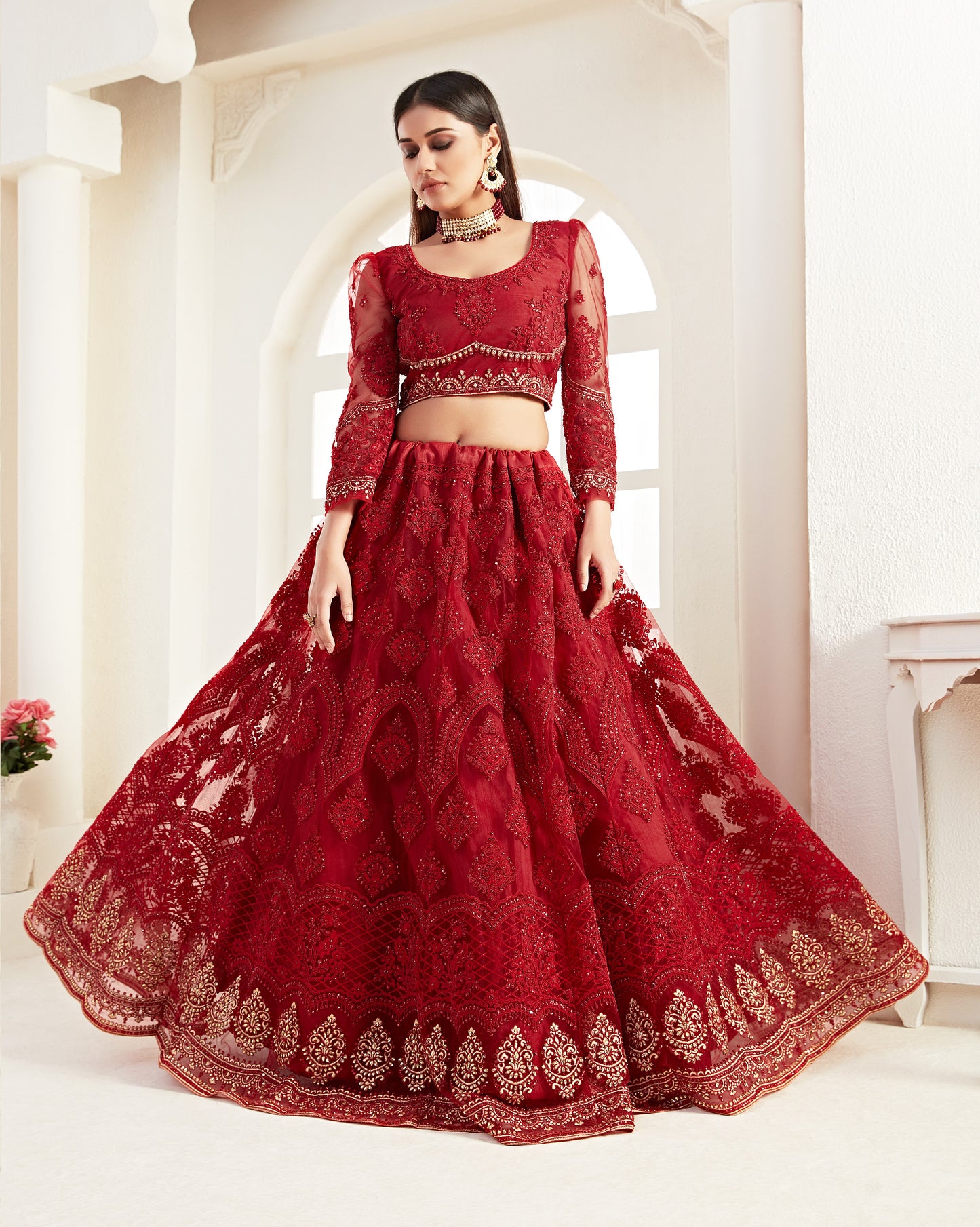 Deep Red Heavy Embroidered Net Bridal Lehenga