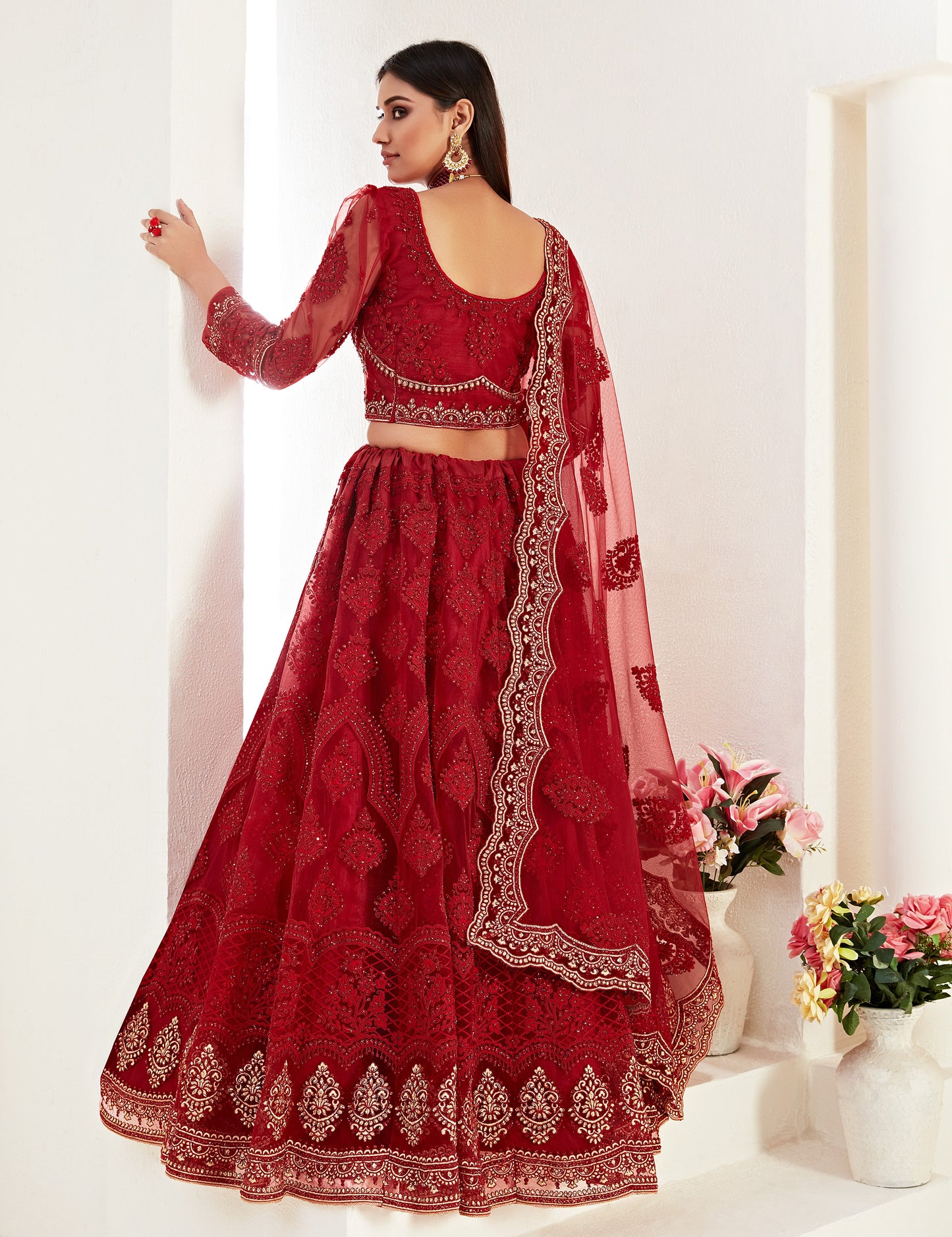 Deep Red Heavy Embroidered Net Bridal Lehenga