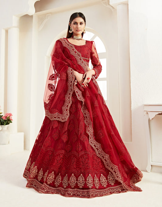 Deep Red Heavy Embroidered Net Bridal Lehenga