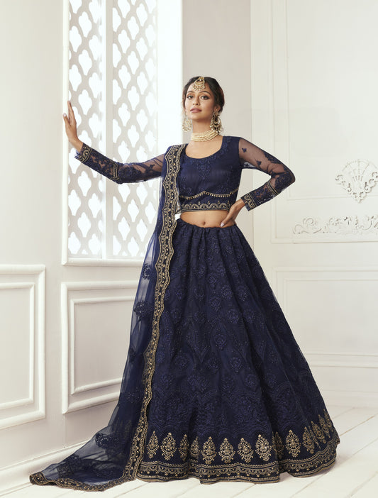 Navy Blue Heavy Embroidered Net Bridal Lehenga