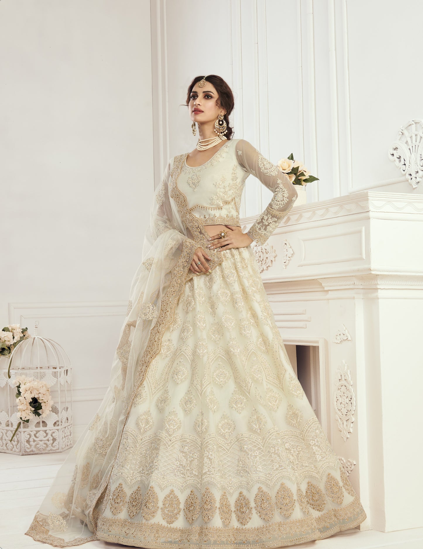 Ivory White Heavy Embroidered Net Bridal Lehenga