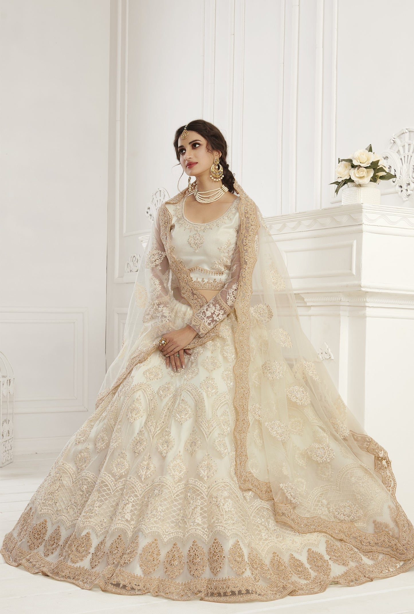 Ivory White Heavy Embroidered Net Bridal Lehenga