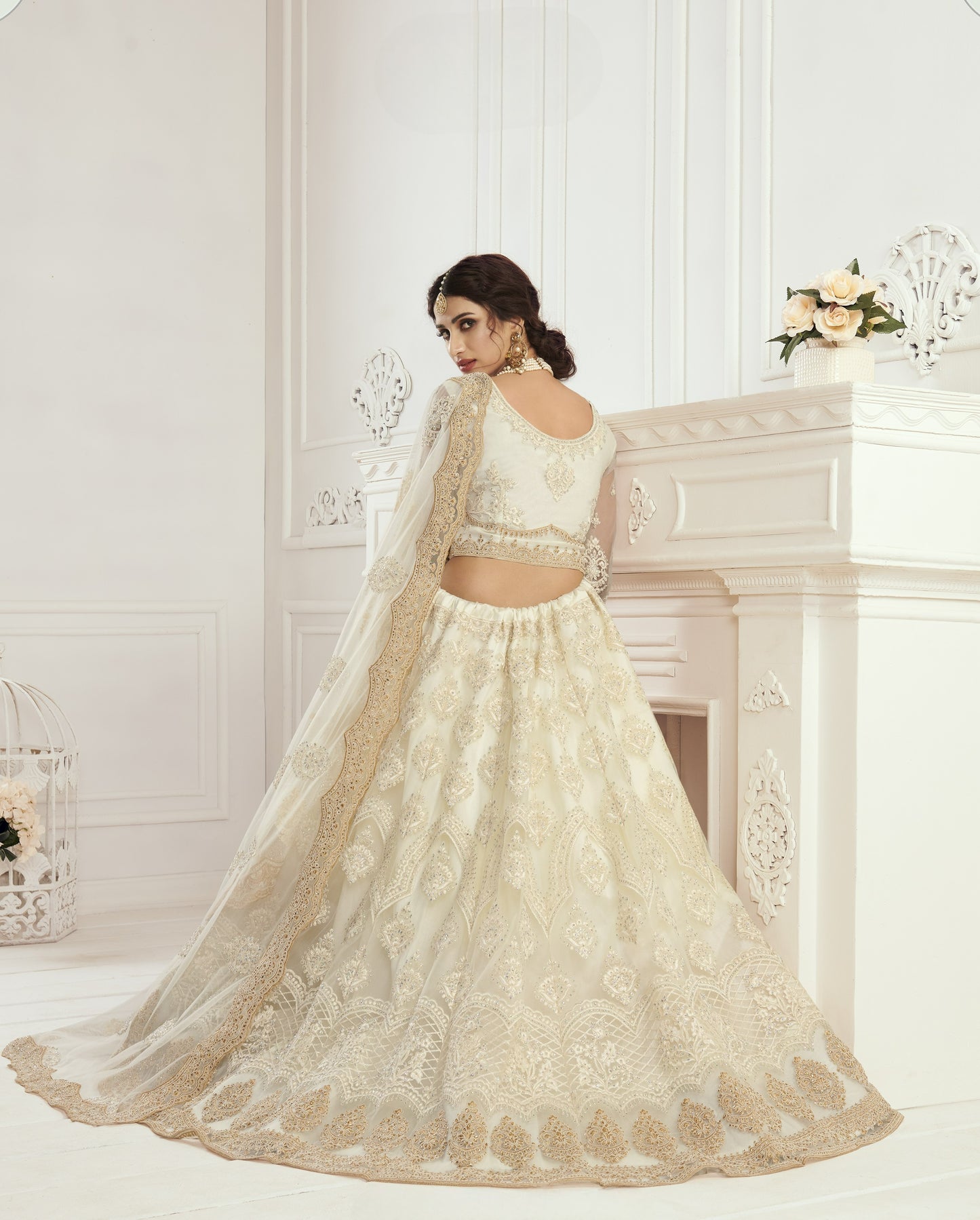 Ivory White Heavy Embroidered Net Bridal Lehenga