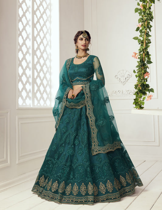 Teal Green Heavy Embroidered Net Bridal Lehenga