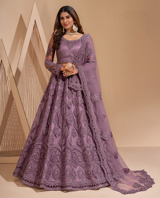 Bloom Mauve Heavy Embroidered Net Lehenga