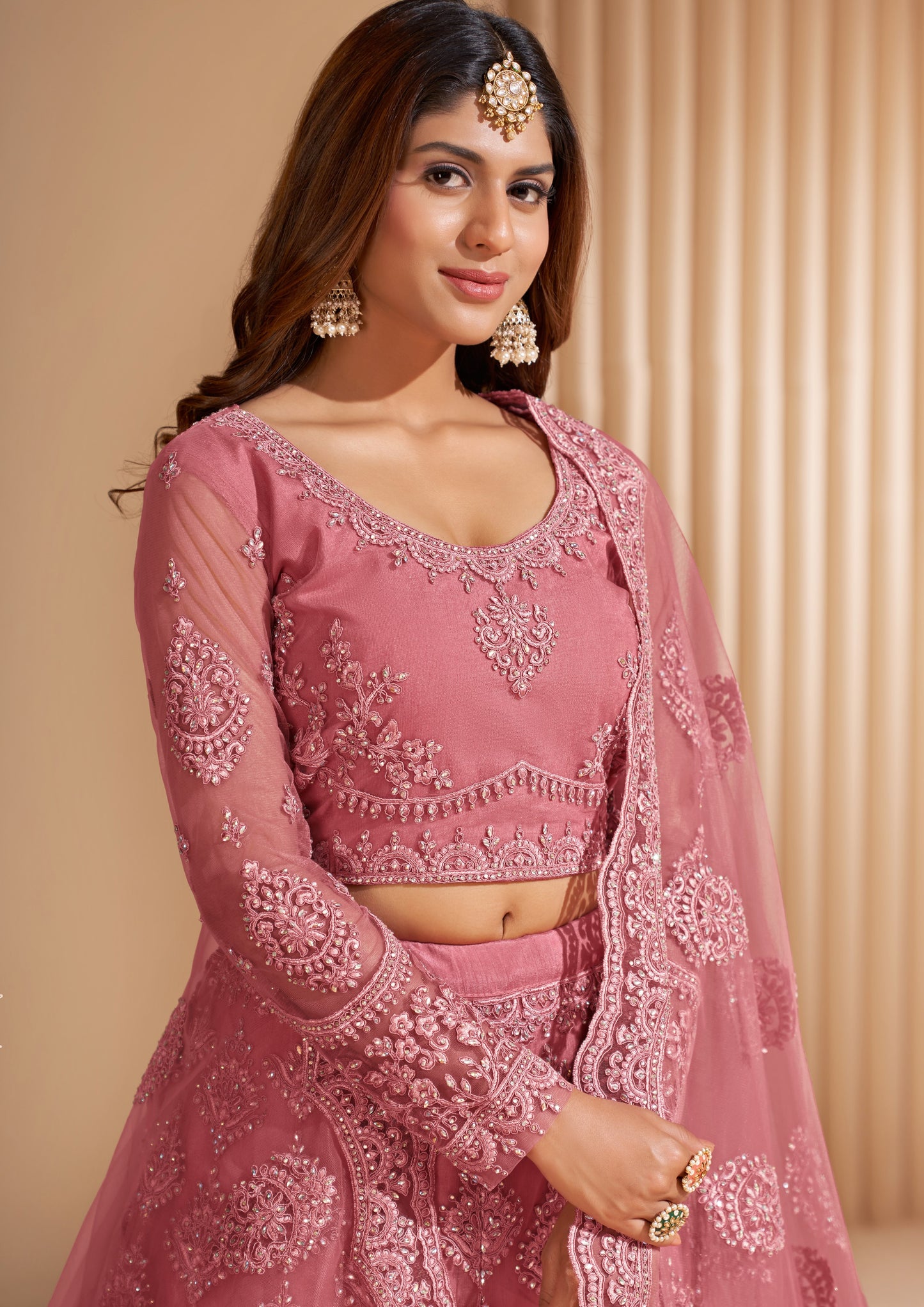 Crepe Pink Heavy Embroidered Net Lehenga