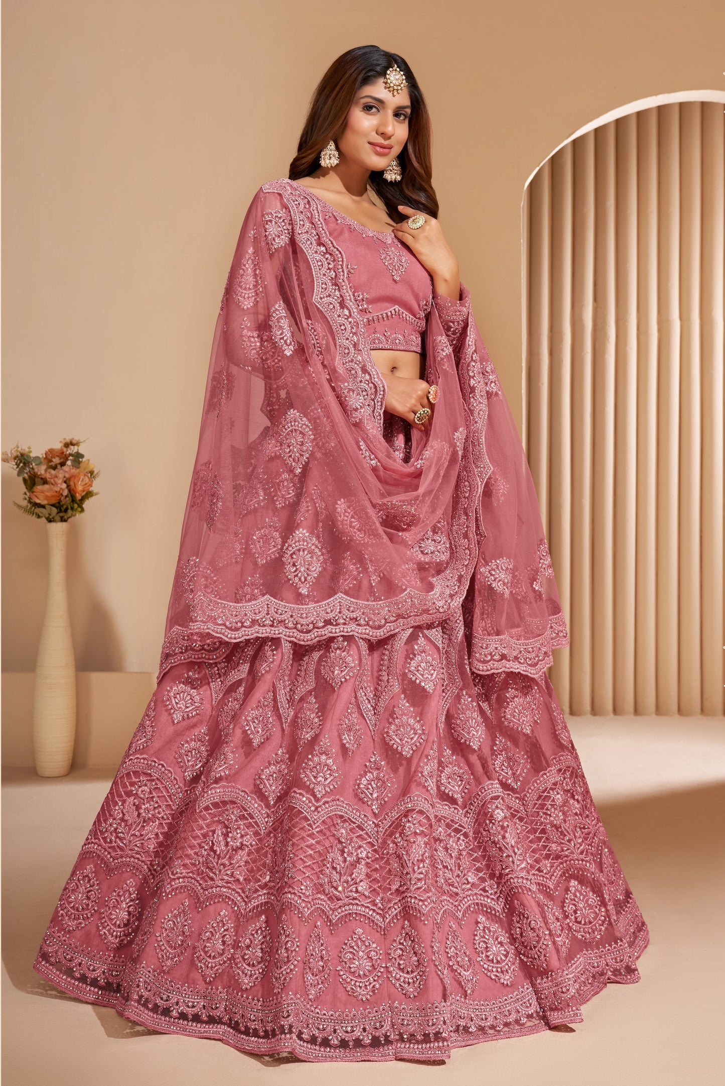 Crepe Pink Heavy Embroidered Net Lehenga