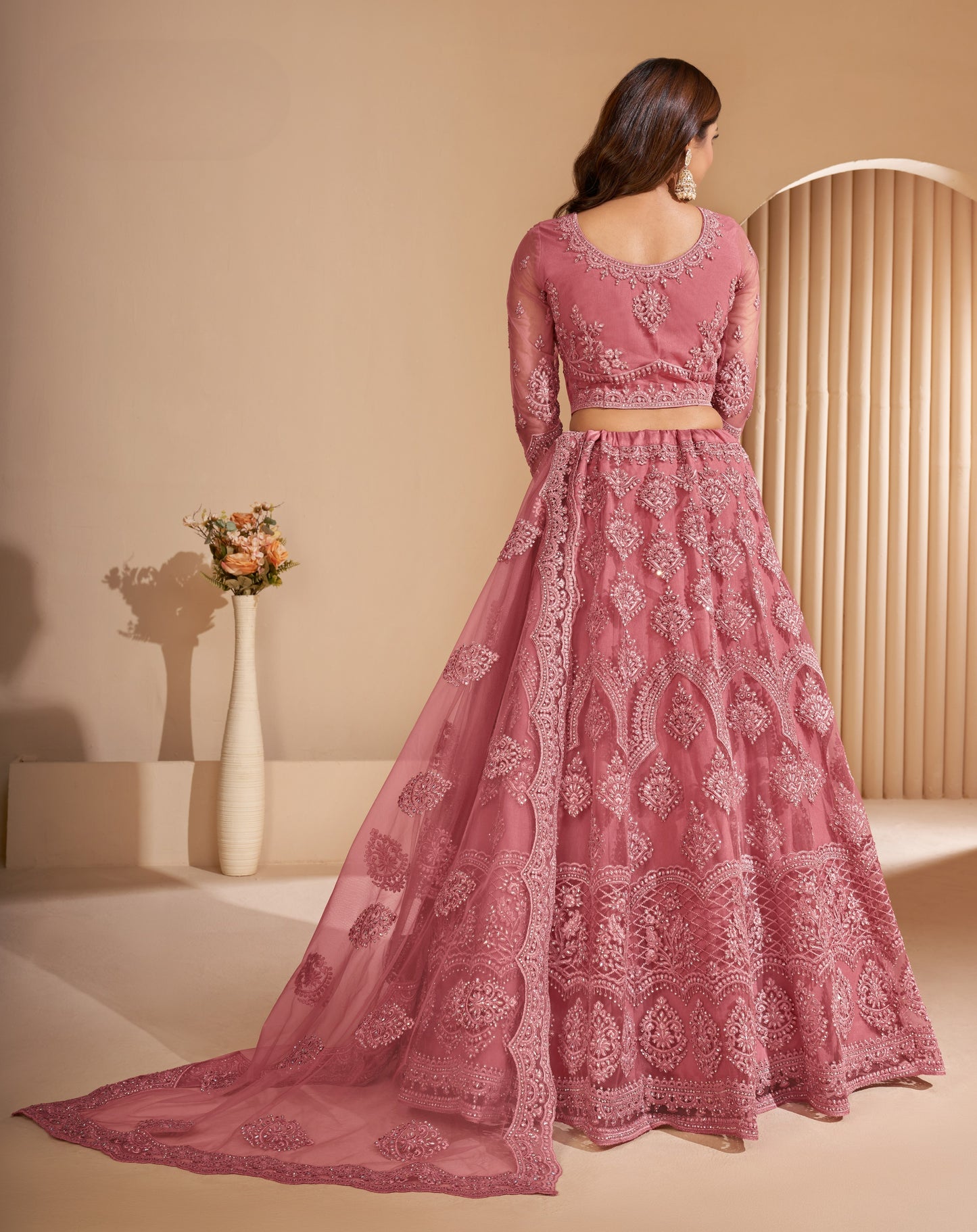 Crepe Pink Heavy Embroidered Net Lehenga