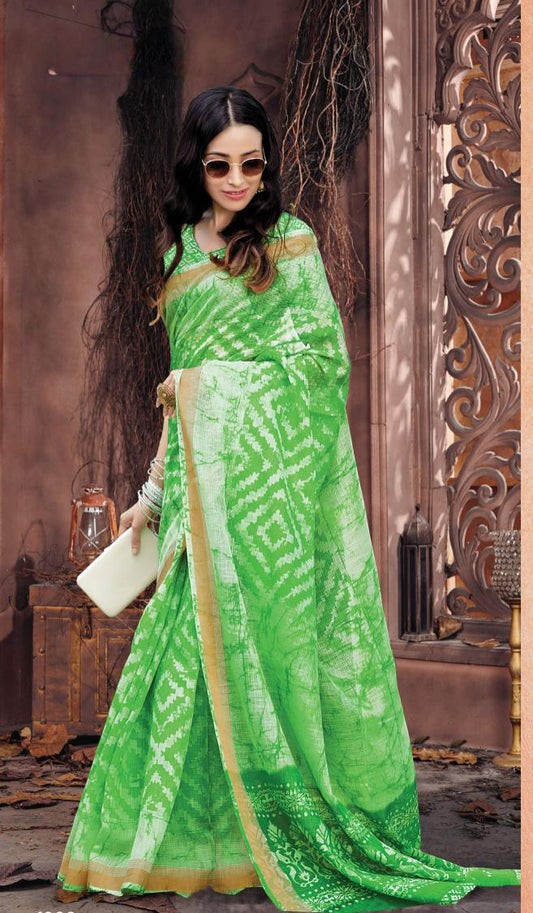 Bright Green Printed Handloom Cotton Saree