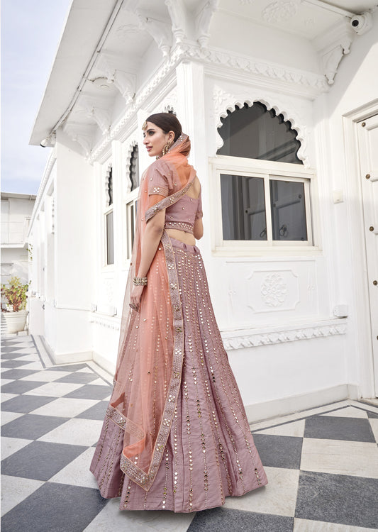 Dusty Rose Pink Mirror Work Designer Silk Lehenga