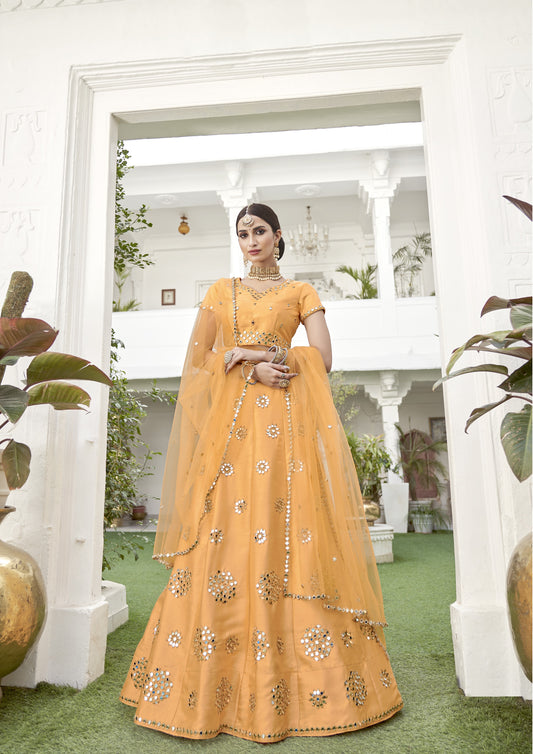 Turmeric Yellow Mirror Work Designer Silk Lehenga