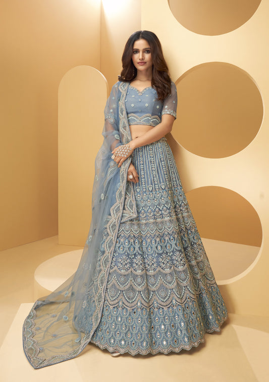 Slate Blue Heavy Embroidered Net Bridal Lehenga