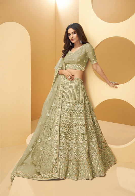 Sage Green Heavy Embroidered Net Bridal Lehenga