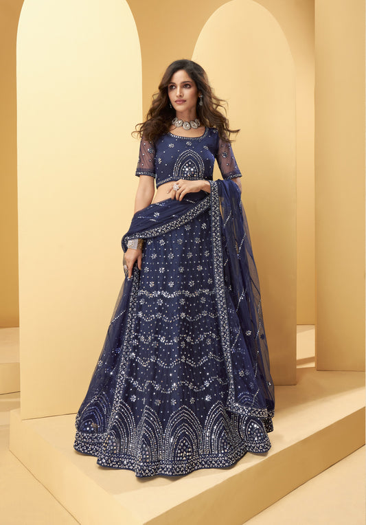 Berry Blue Heavy Mirror & Zarkan Work Designer Net Lehenga