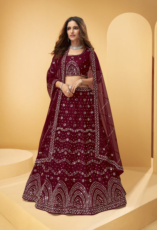 Marvel Maroon Heavy Mirror & Zarkan Work Designer Net Lehenga