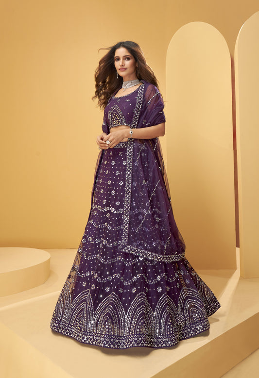 Pristine Purple Heavy Mirror & Zarkan Work Designer Net Lehenga