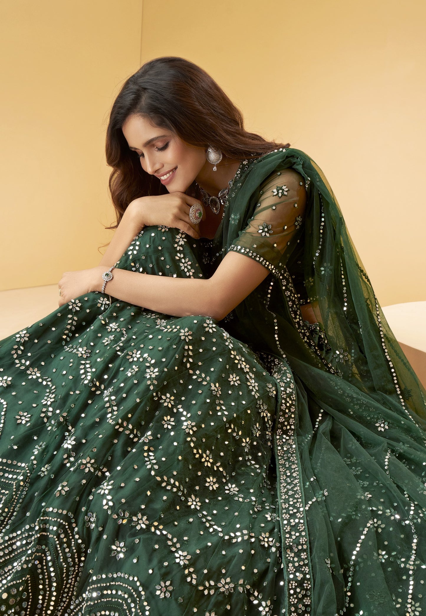 Emerald Green Heavy Mirror & Zarkan Work Designer Net Lehenga