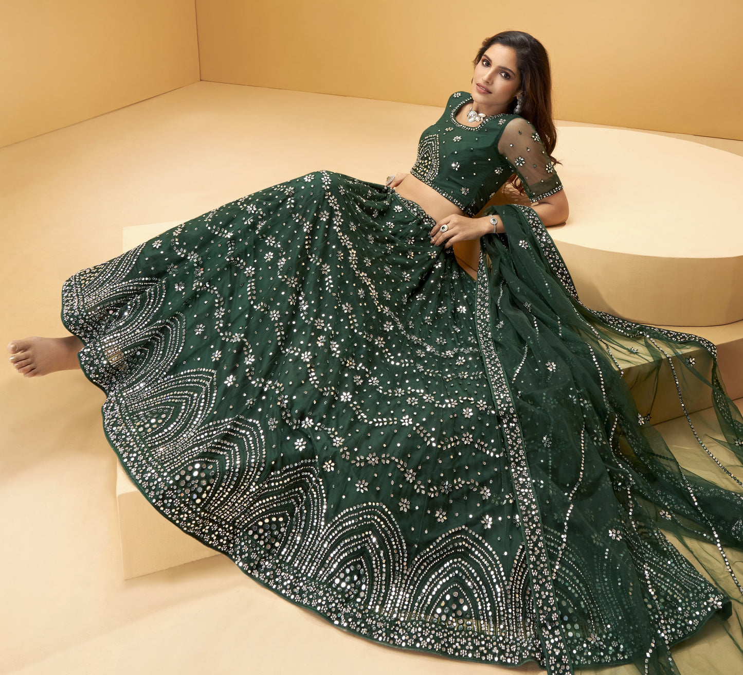 Emerald Green Heavy Mirror & Zarkan Work Designer Net Lehenga