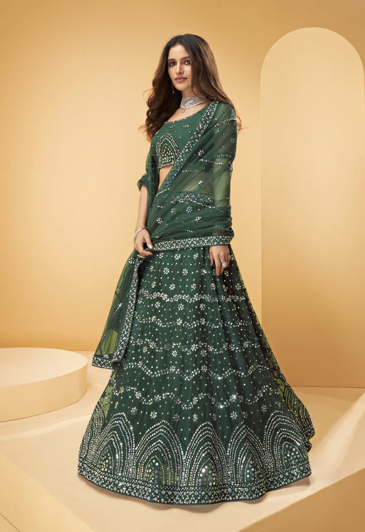 Emerald Green Heavy Mirror & Zarkan Work Designer Net Lehenga