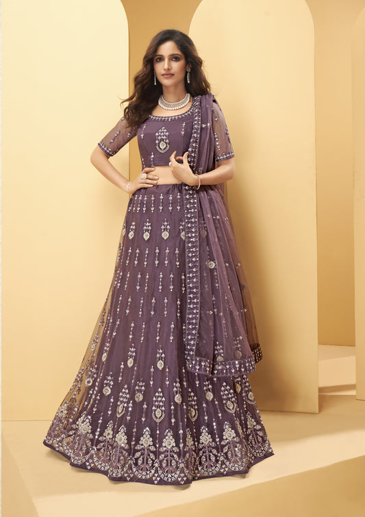 Purple Grape Heavy Mirror & Zarkan Work Designer Net Lehenga