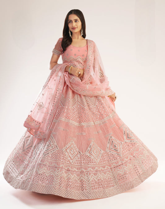 Powder Pink Heavy Embroidered Net Bridal Lehenga