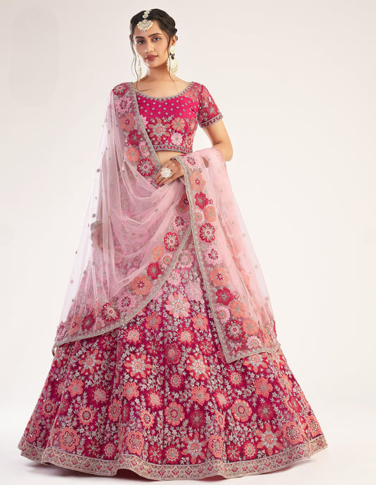 Magenta Pink Heavy Embroidered Net Bridal Lehenga