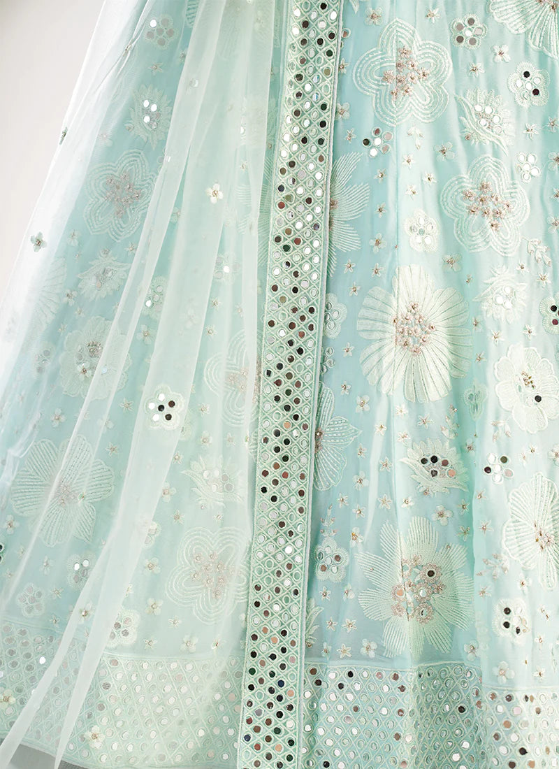 Pistachio Green Heavy Embroidered Net Bridal Lehenga