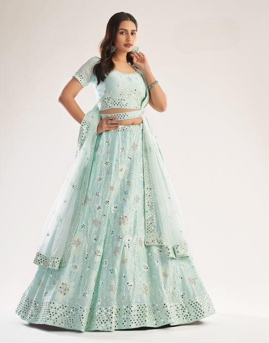 Pistachio Green Heavy Embroidered Net Bridal Lehenga