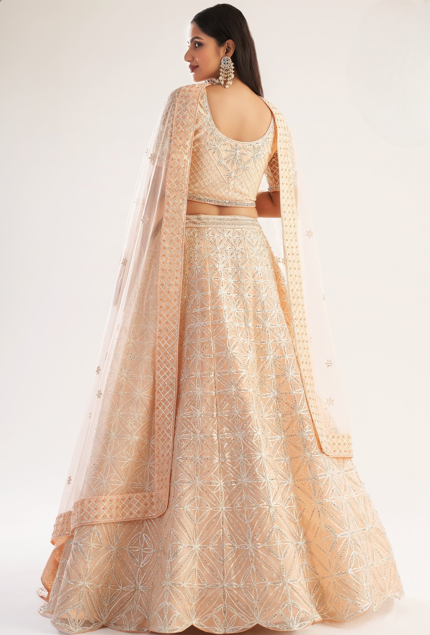 Cantaloupe Peach Heavy Embroidered Net Bridal Lehenga