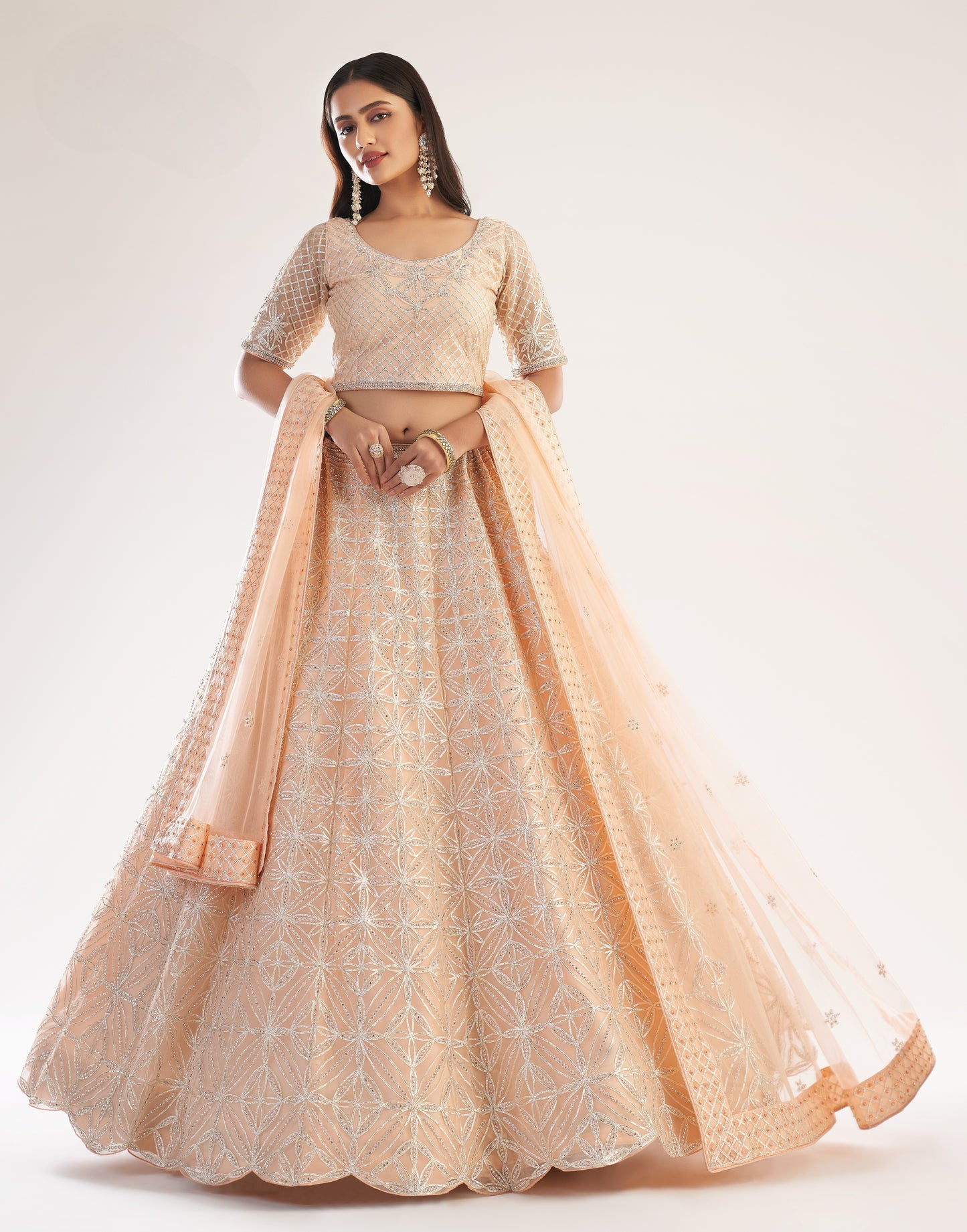 Cantaloupe Peach Heavy Embroidered Net Bridal Lehenga