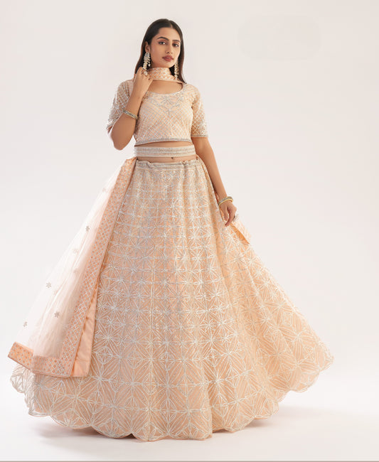 Cantaloupe Peach Heavy Embroidered Net Bridal Lehenga