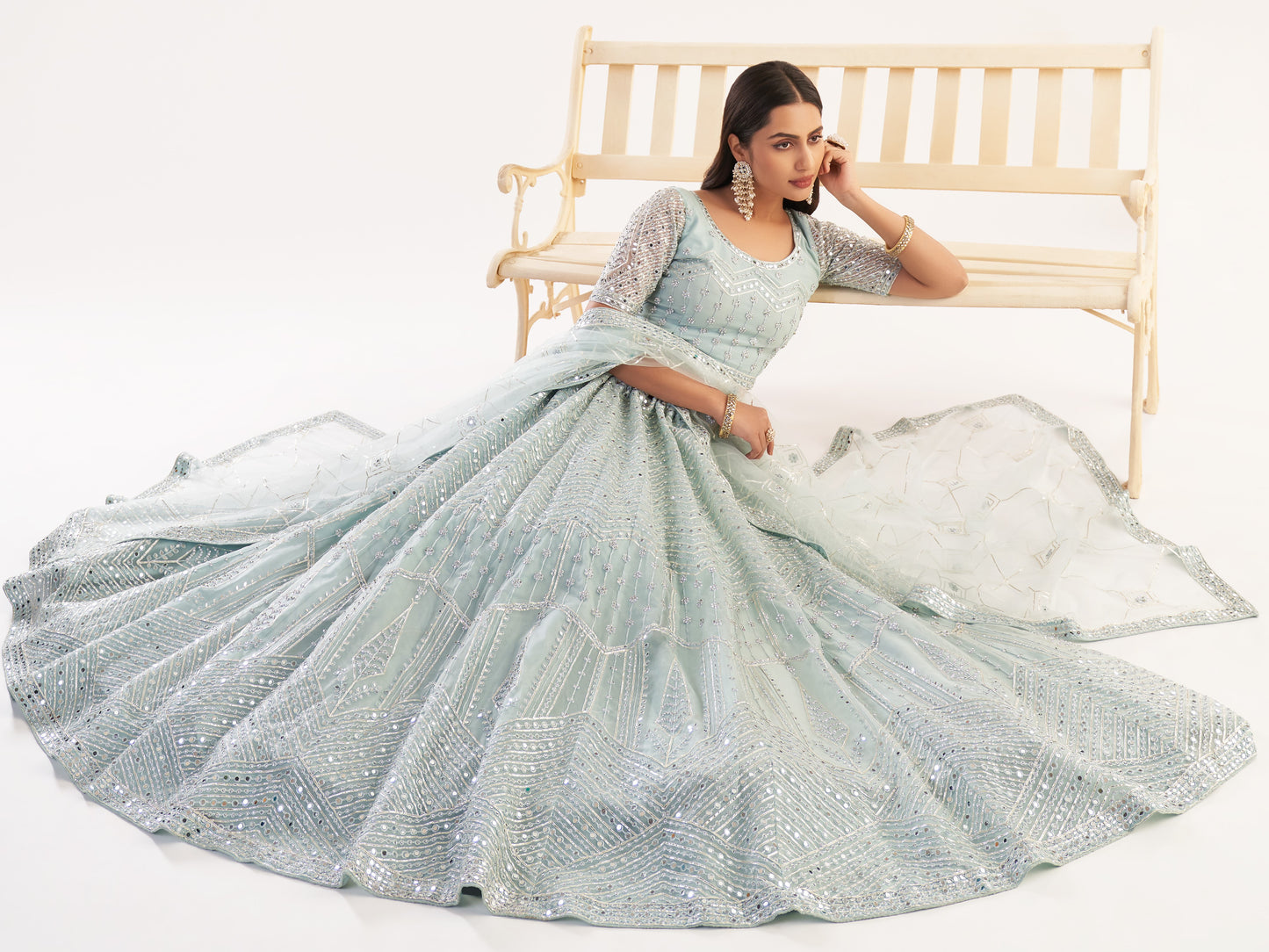 Ocean Blue Heavy Embroidered Net Bridal Lehenga