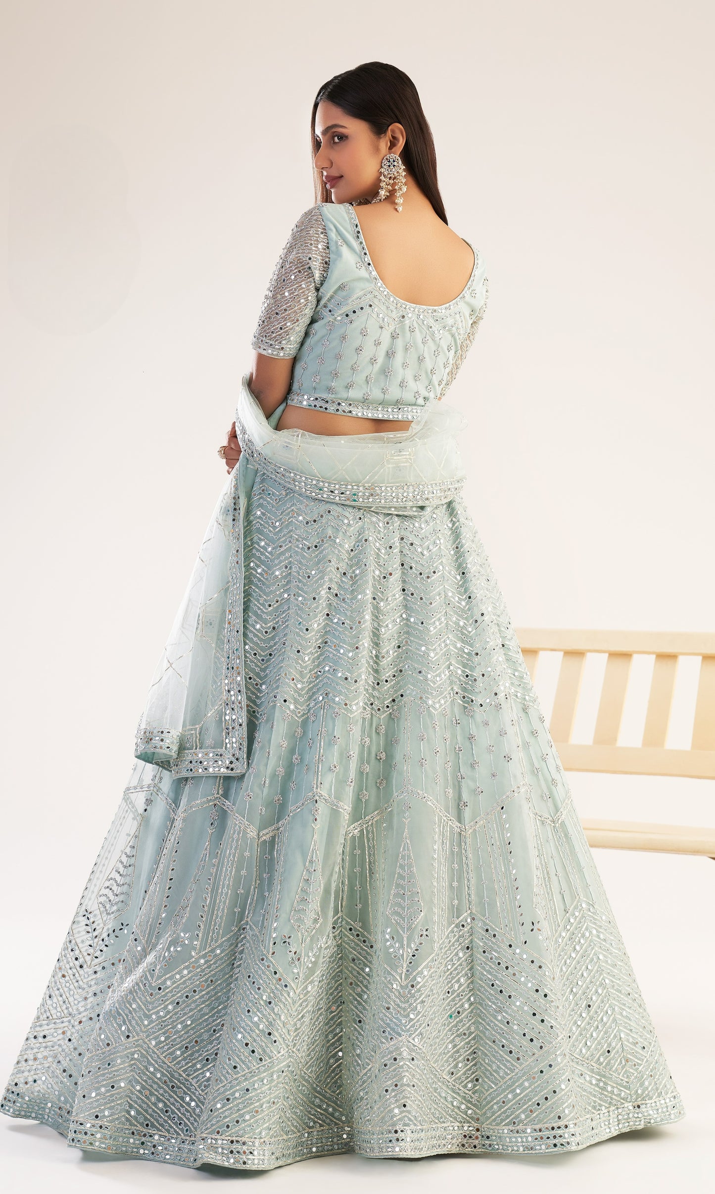 Ocean Blue Heavy Embroidered Net Bridal Lehenga