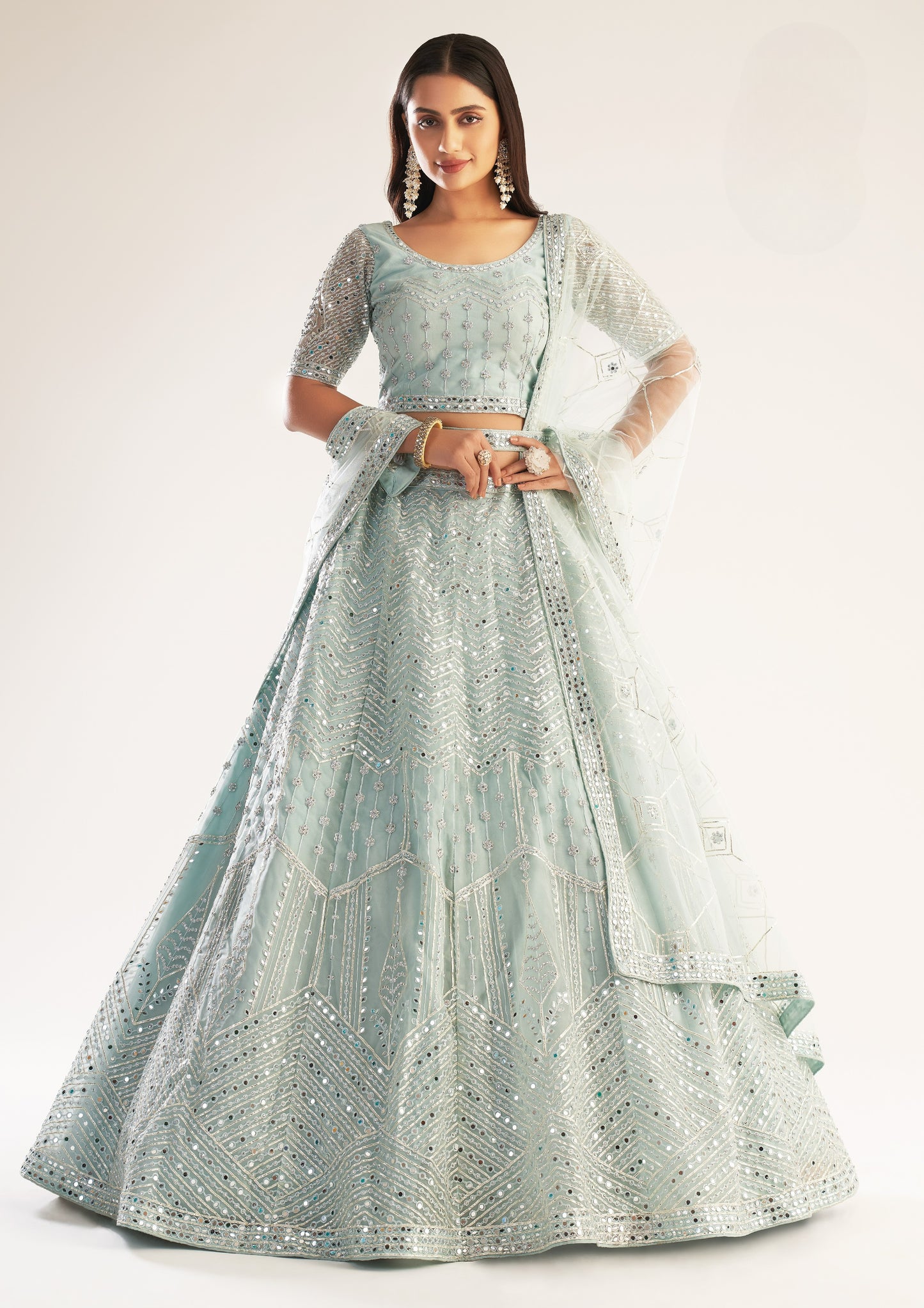 Ocean Blue Heavy Embroidered Net Bridal Lehenga