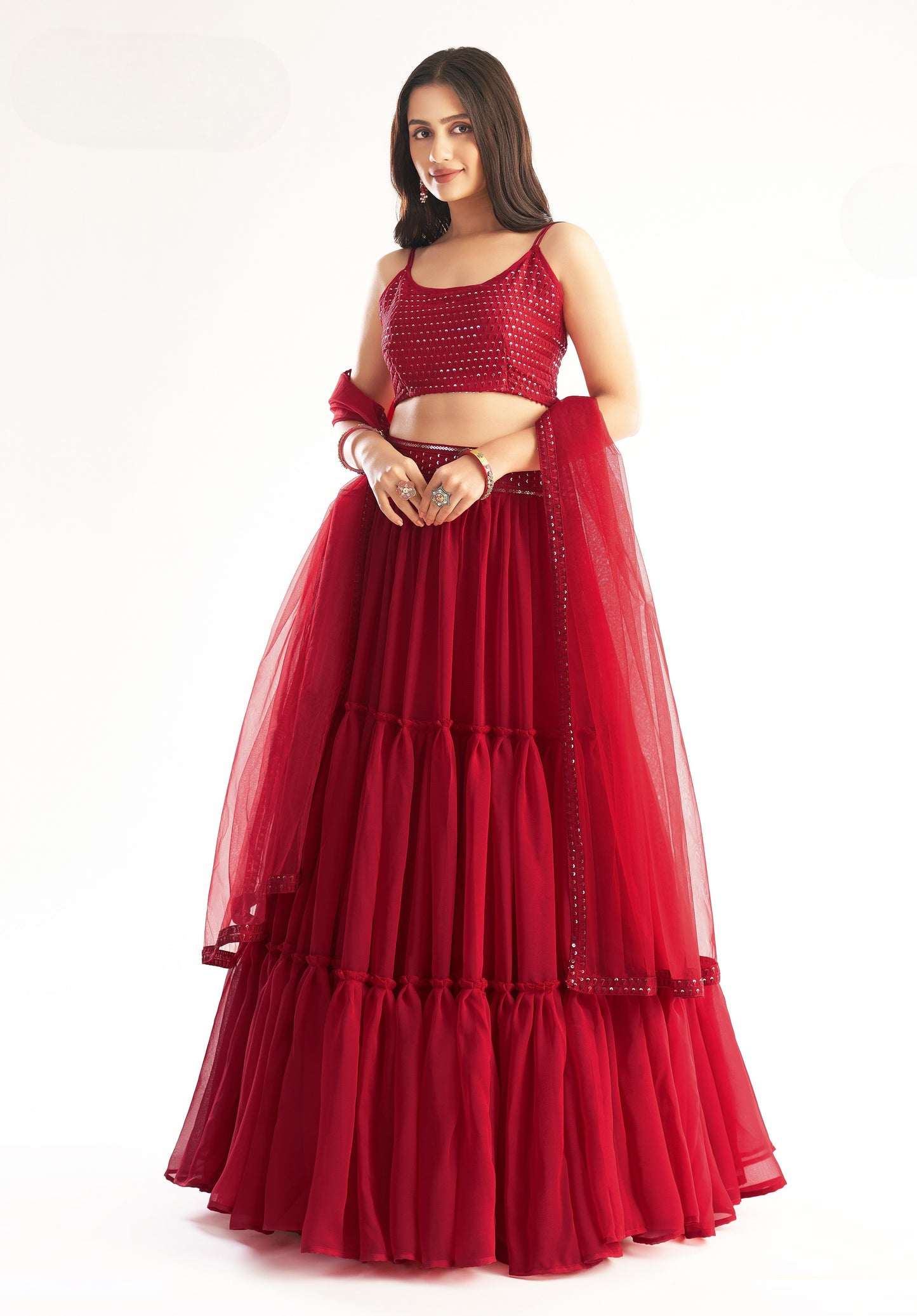 Scarlet Red Georgette Layered Readymade Lehenga