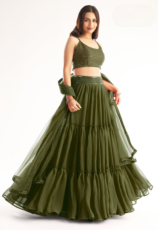 Juniper Green Georgette Layered Readymade Lehenga