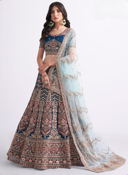 Dark Sapphire Blue Heavy Embroidered Net Designer Lehenga