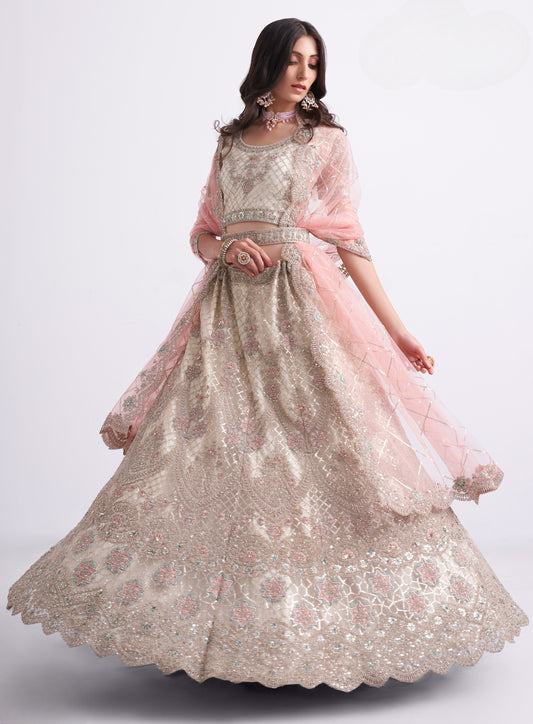 Pale Pink Heavy Embroidered Net Designer Bridal Lehenga