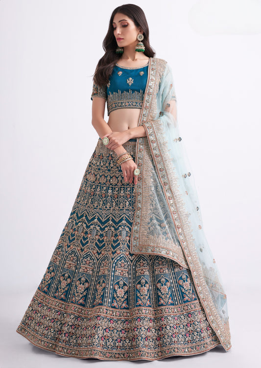 Aegean Blue Heavy Embroidered Georgette Designer Lehenga