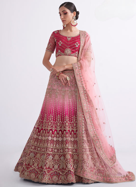 Rani Pink Shaded Heavy Embroidered Georgette Designer Lehenga