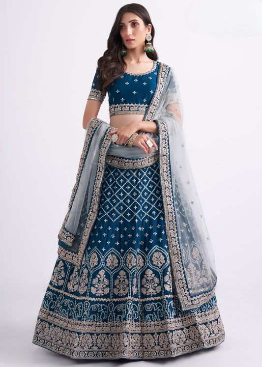 Teal Blue Heavy Embroidered Georgette Designer Lehenga