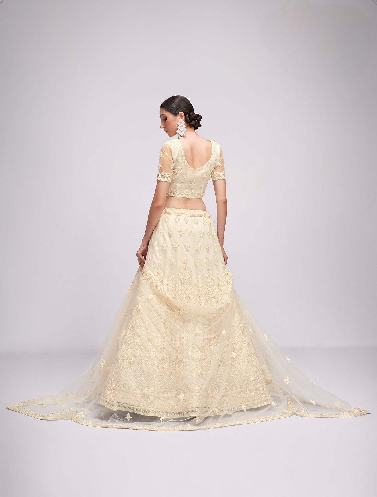 Ivory White Embroidered Net Lehenga