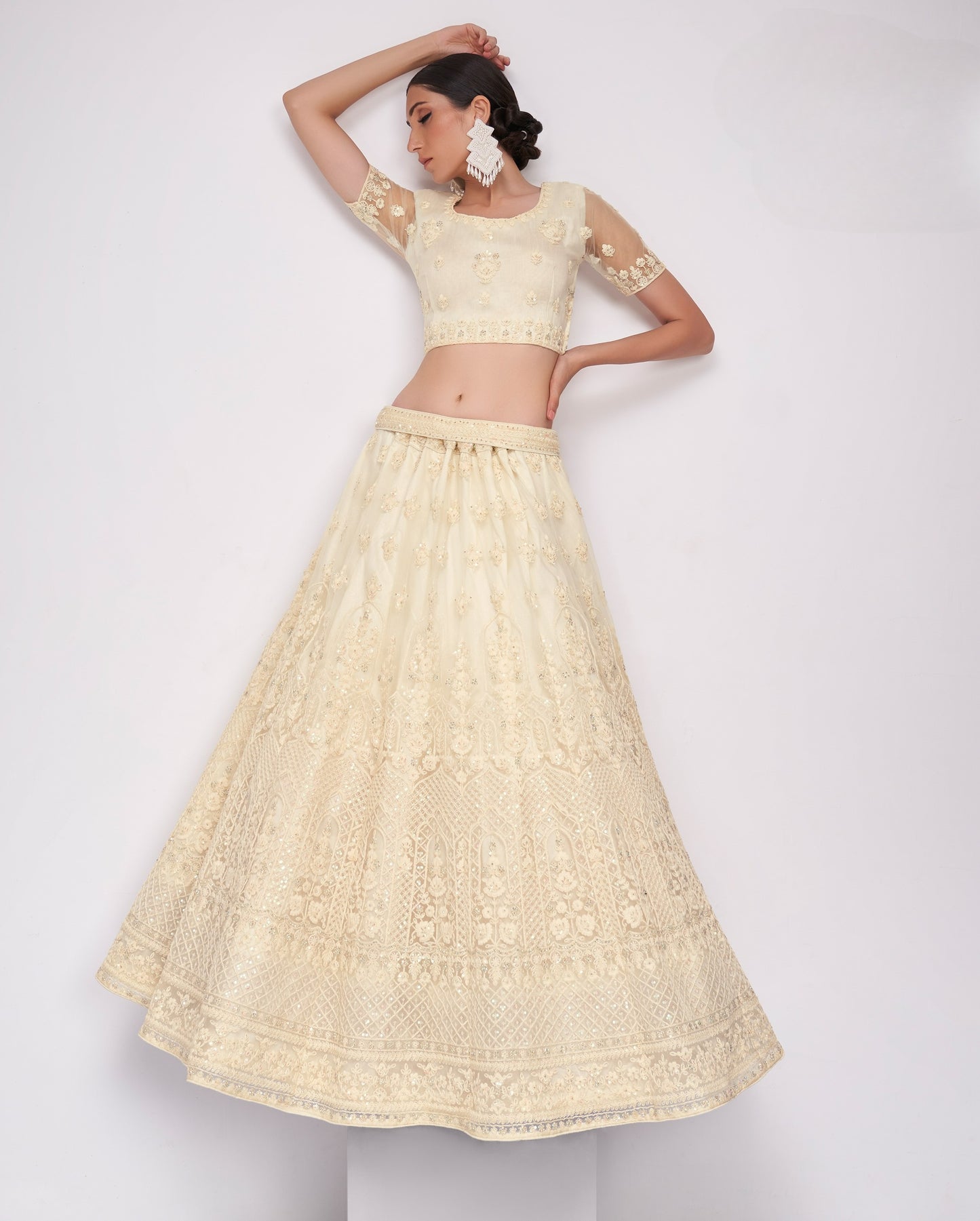 Ivory White Embroidered Net Lehenga