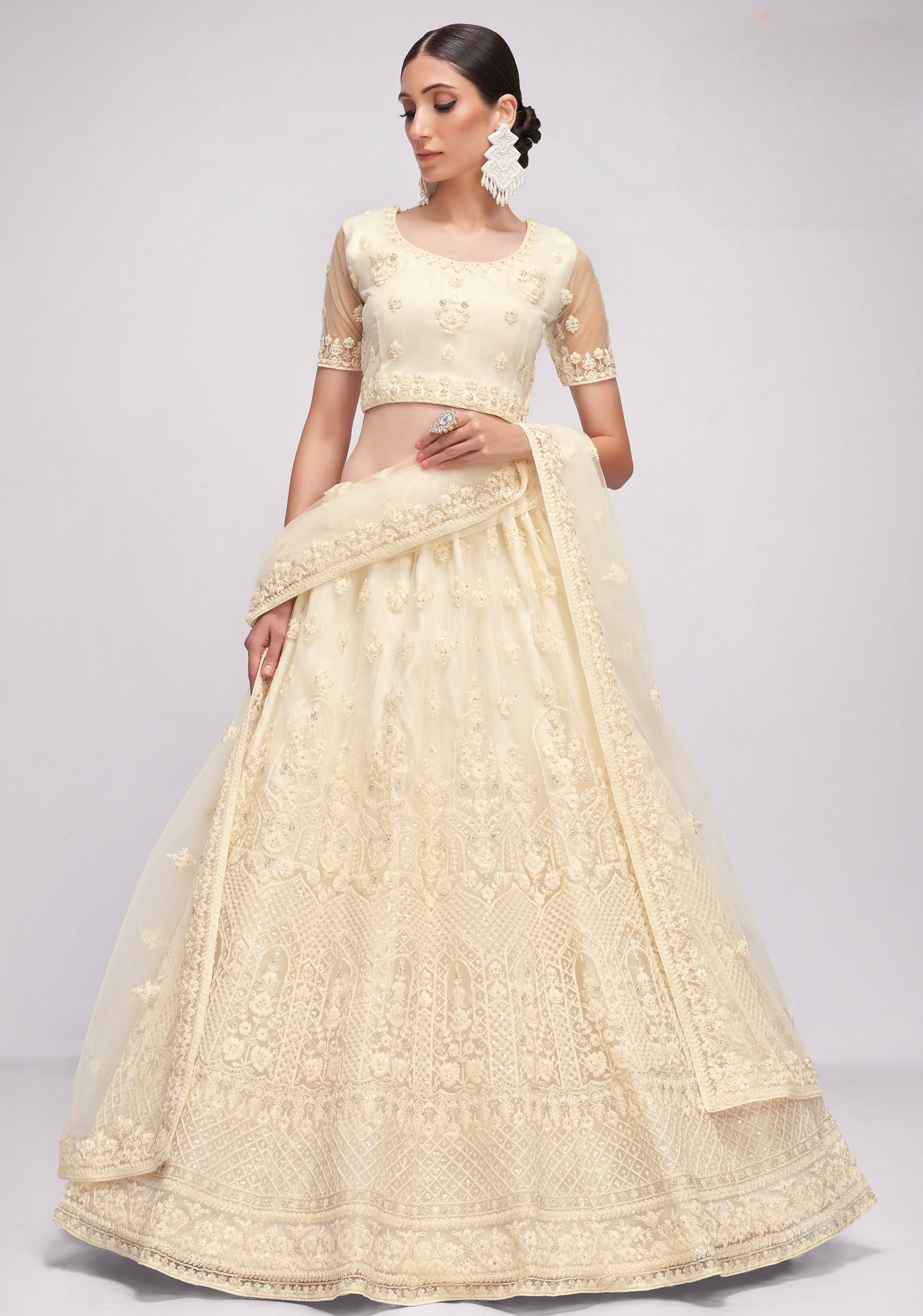 Ivory White Embroidered Net Lehenga